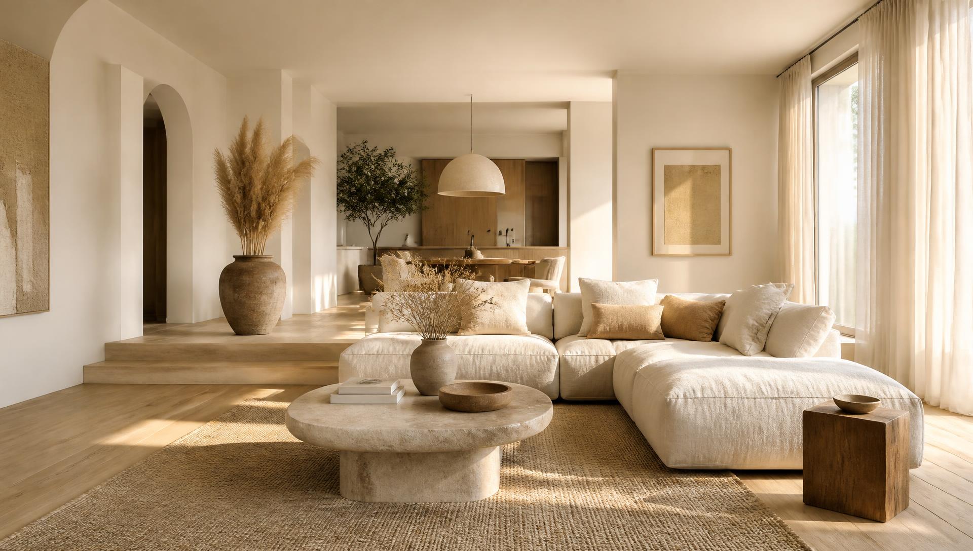 Warm, sunlit minimalist living room with neutral tones and curated decor